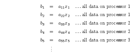 \begin{eqnarray*}
b_1 & = & a_{11} x_1 \quad \ldots \mbox{all data on processor...
... \ldots \mbox{all data on processor 3} \\
& \vdots & \nonumber
\end{eqnarray*}